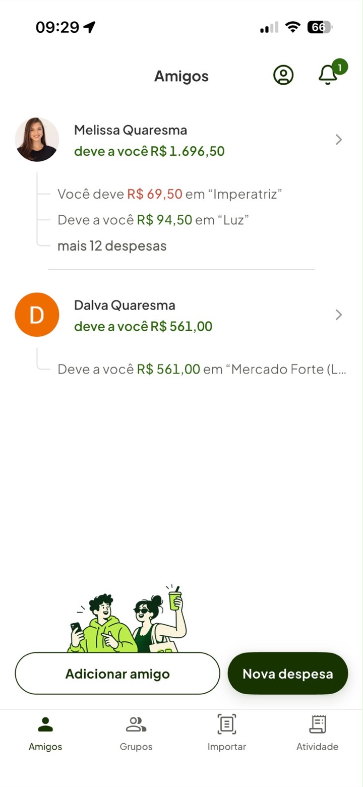 Tela de Amigos do Racha Aí: o saldo com cada pessoa e as últimas despesas