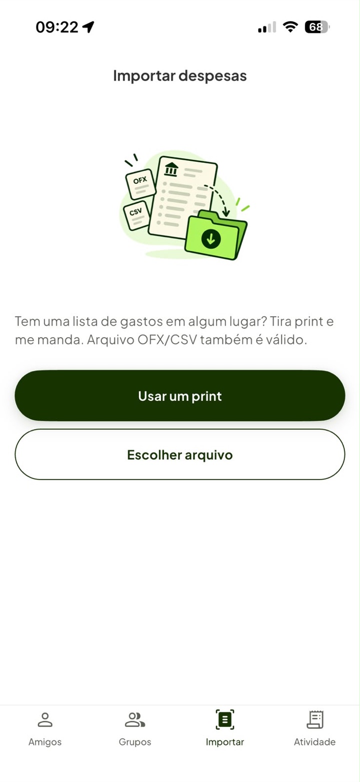 Tela de importar despesas